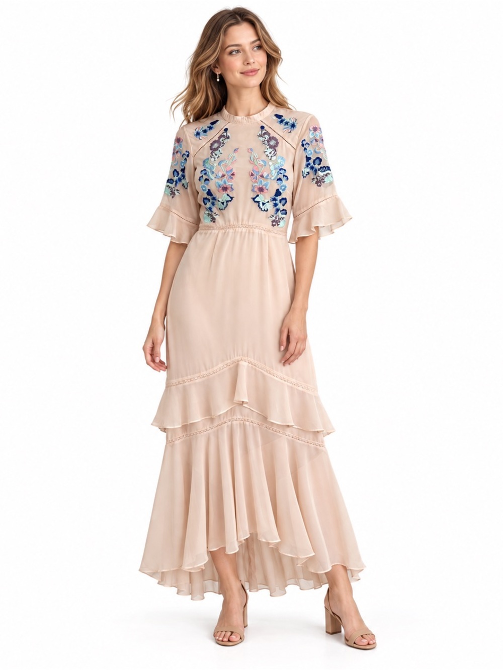 HOPE & IVY Blush Floral Embroidered Tiered Maxi Dress Open Back UK 12 US 8